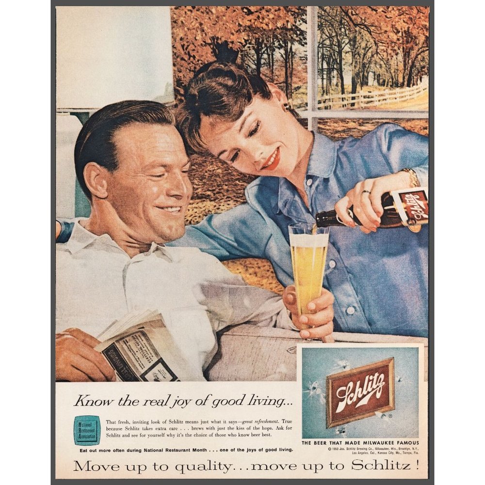 1959 Schlitz Beer Vintage Print Ad Good Living Autumn Leaves Milwaukee Wall Art